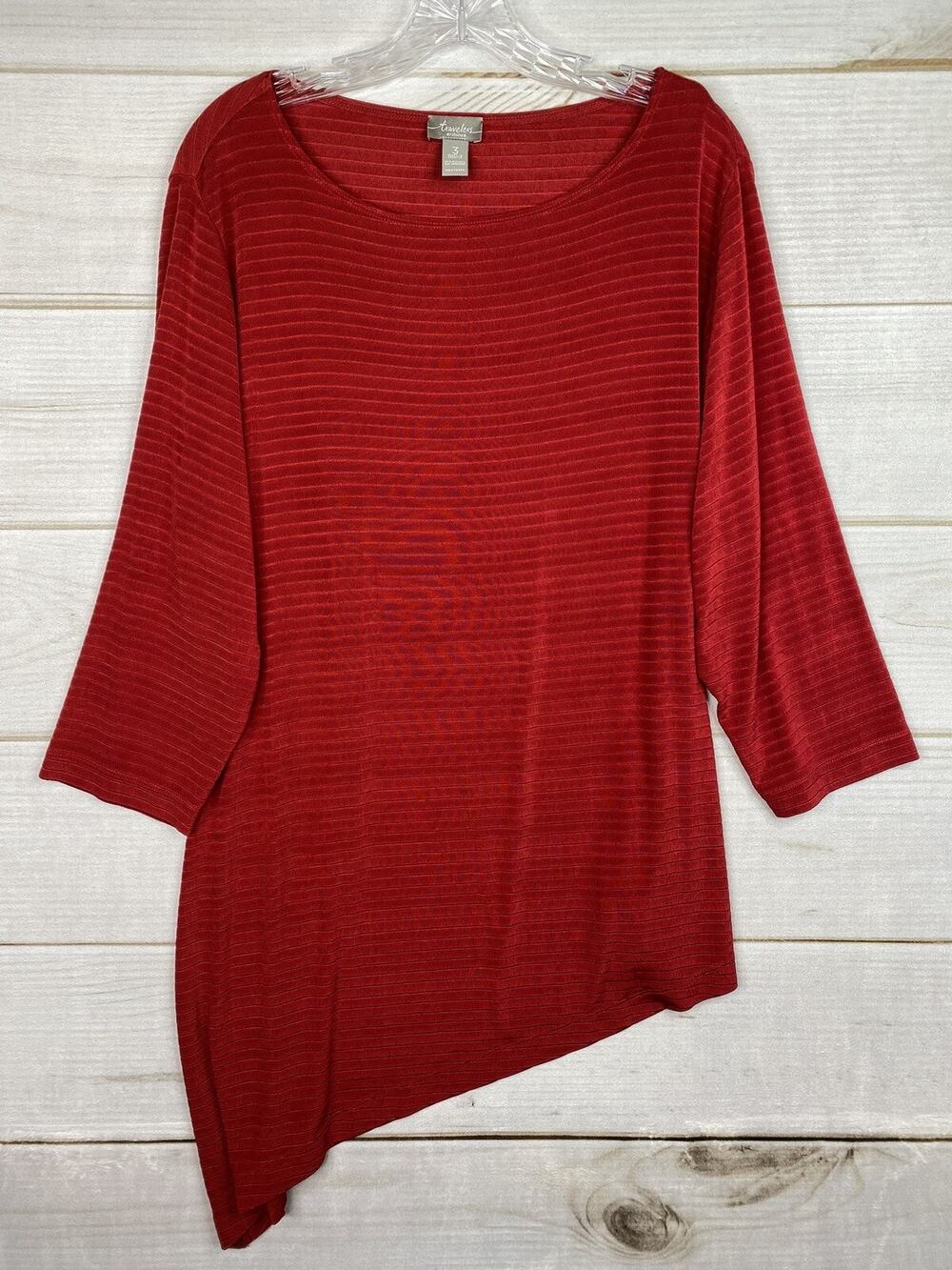 Chico's Traveler Top Sz 3 Womens XL Red Tunic Asymmetrical Hem Stiped Stretch